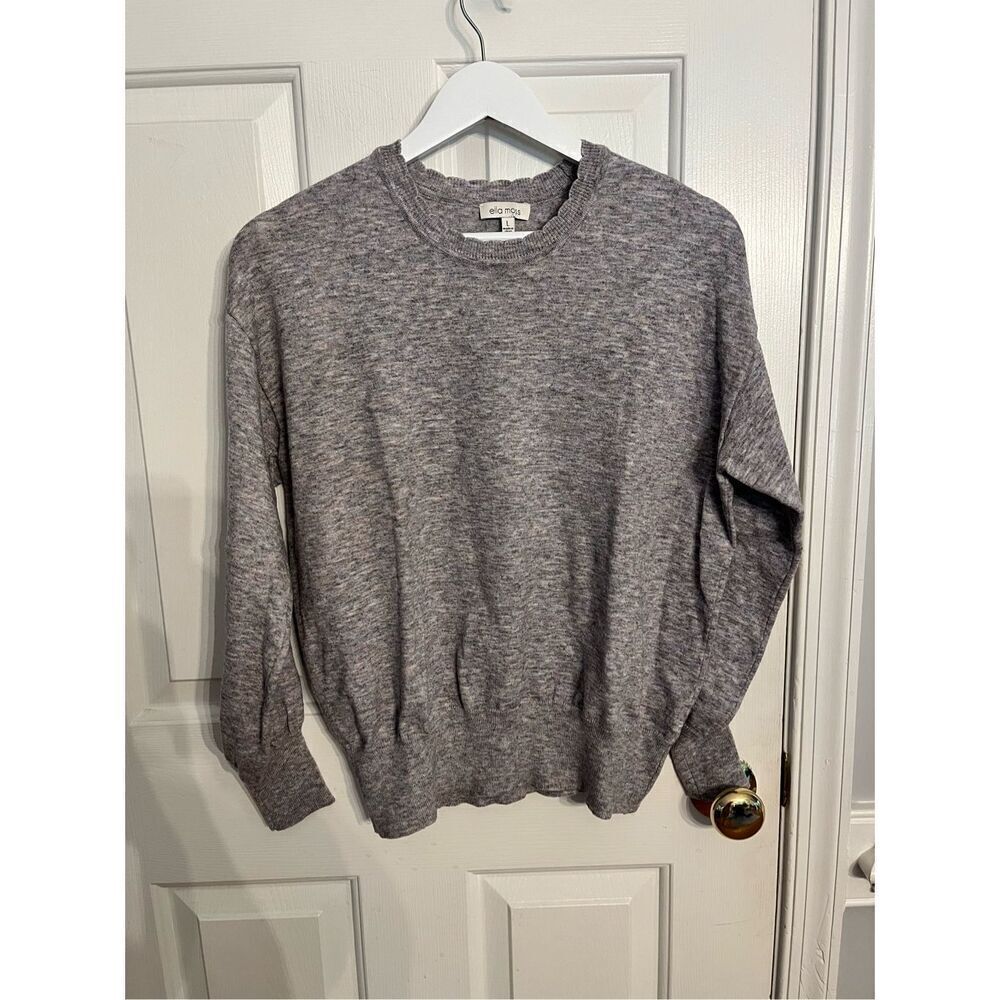 Ella Moss Gray & Pink Marled Knit Scalloped Crew Neck Sweater sz L